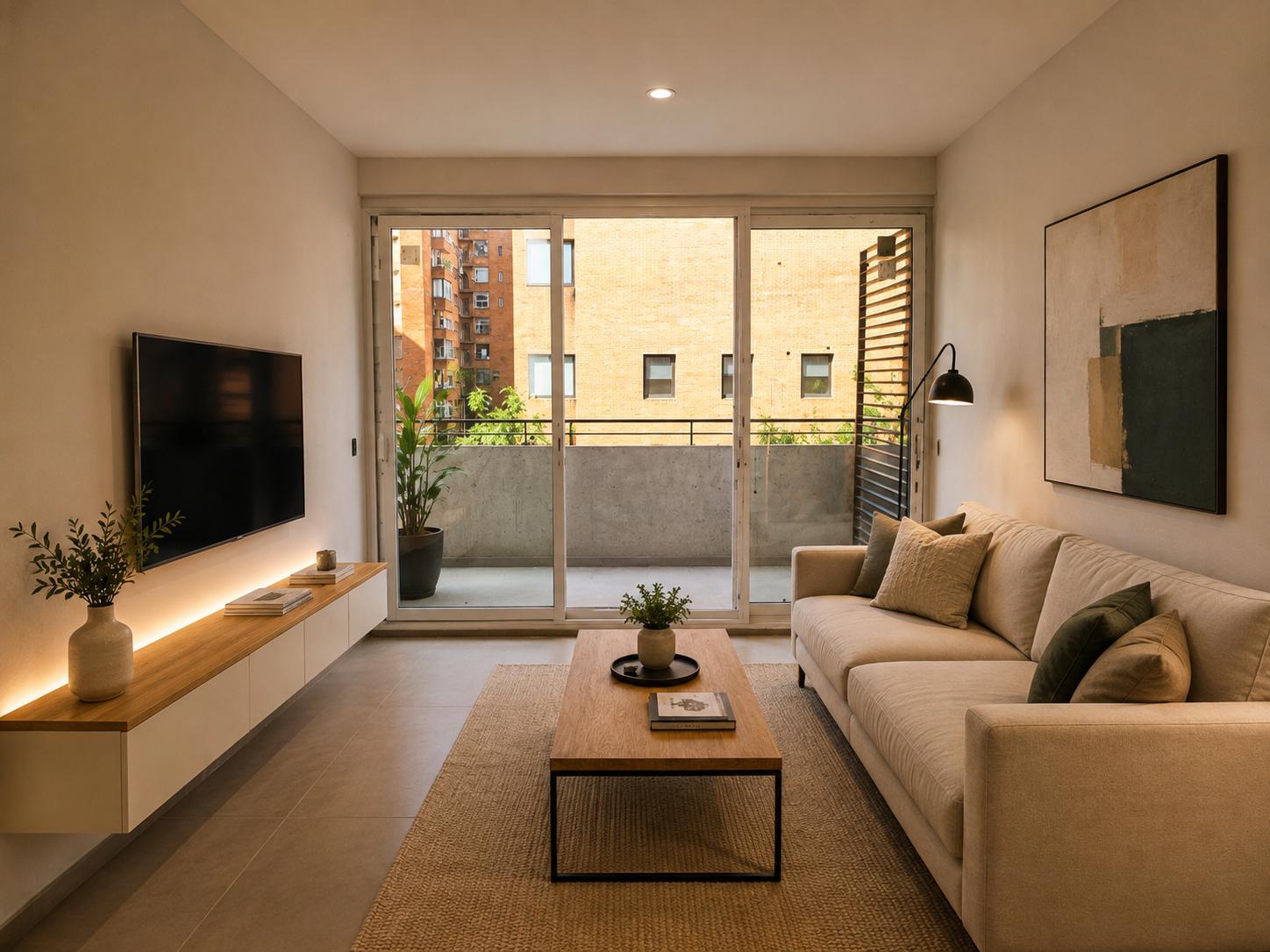 Living con salida a balcon de un departamento en venta en Buenos Aires, fotografiado con luz natural